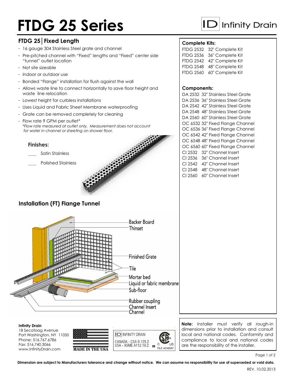 Infinity Drain FTDG 2548 Series Submittal Sheet User Manual | 2 pages