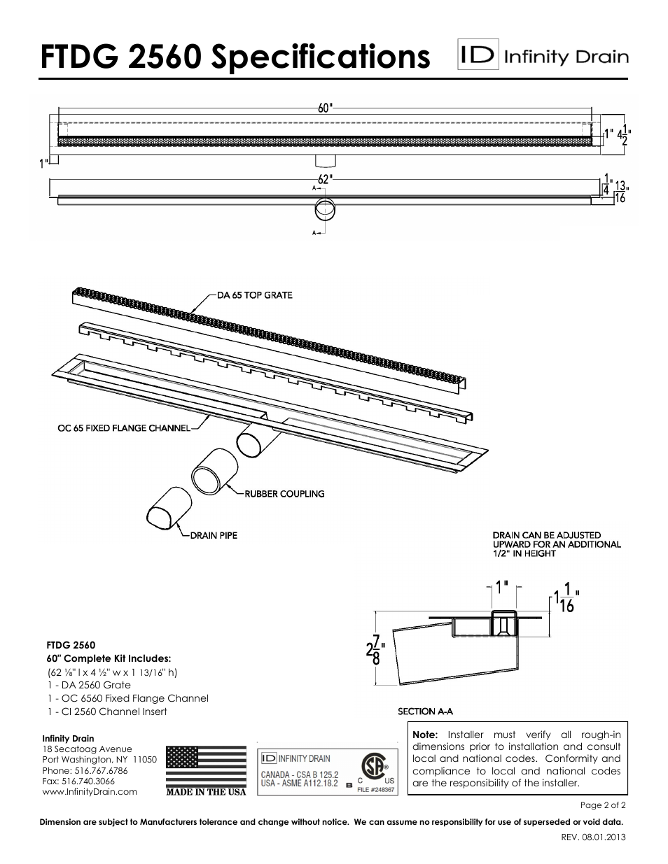 Ftdg 2560 specifications | Infinity Drain FTDG 2560 Series Submittal Sheet User Manual | Page 2 / 2