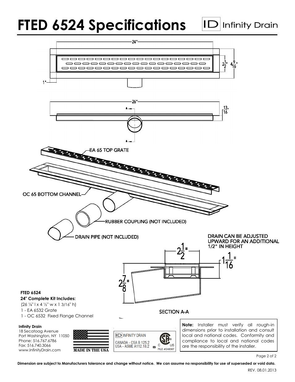 Fted 6524 specifications | Infinity Drain FTED 6524 Series Submittal Sheet User Manual | Page 2 / 2