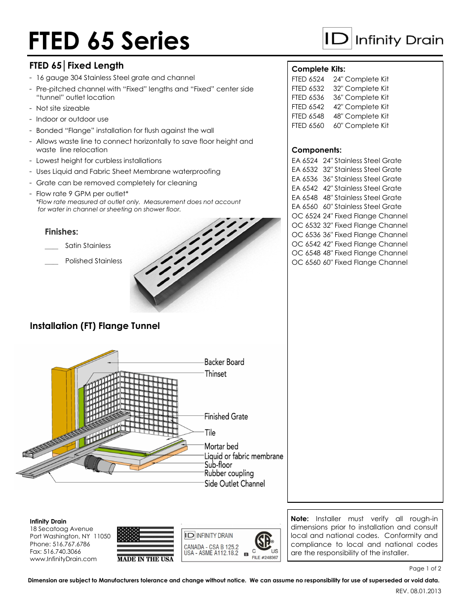 Infinity Drain FTED 6536 Series Submittal Sheet User Manual | 2 pages