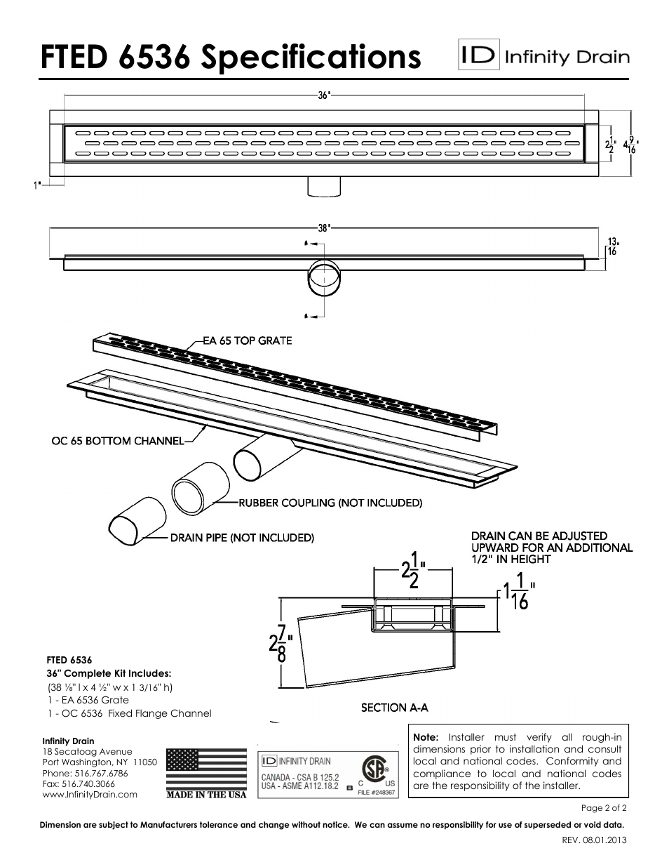 Fted 6536 specifications | Infinity Drain FTED 6536 Series Submittal Sheet User Manual | Page 2 / 2