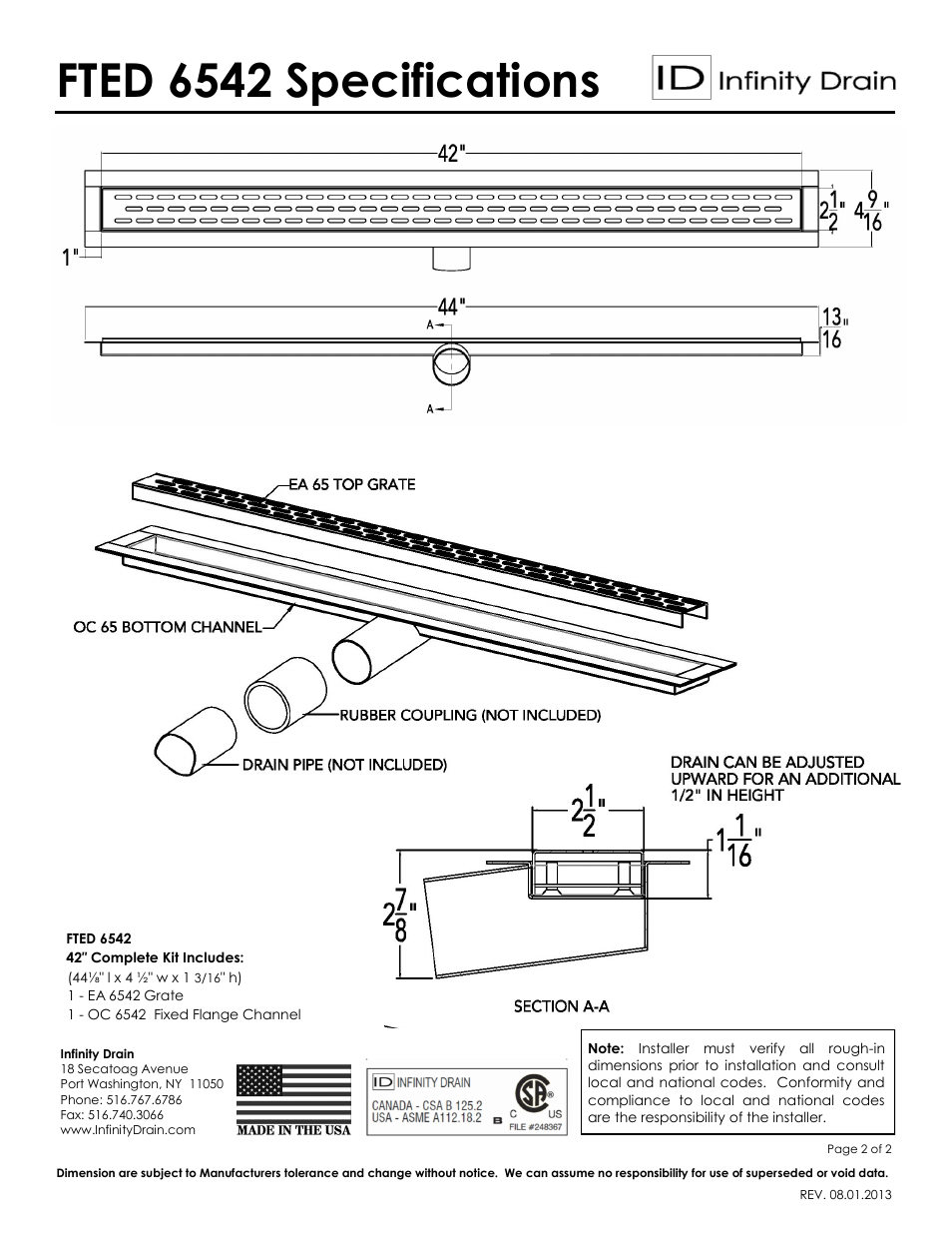 Fted 6542 specifications | Infinity Drain FTED 6542 Series Submittal Sheet User Manual | Page 2 / 2