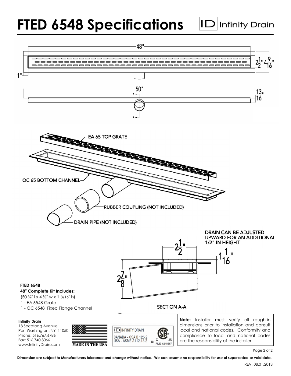 Fted 6548 specifications | Infinity Drain FTED 6548 Series Submittal Sheet User Manual | Page 2 / 2