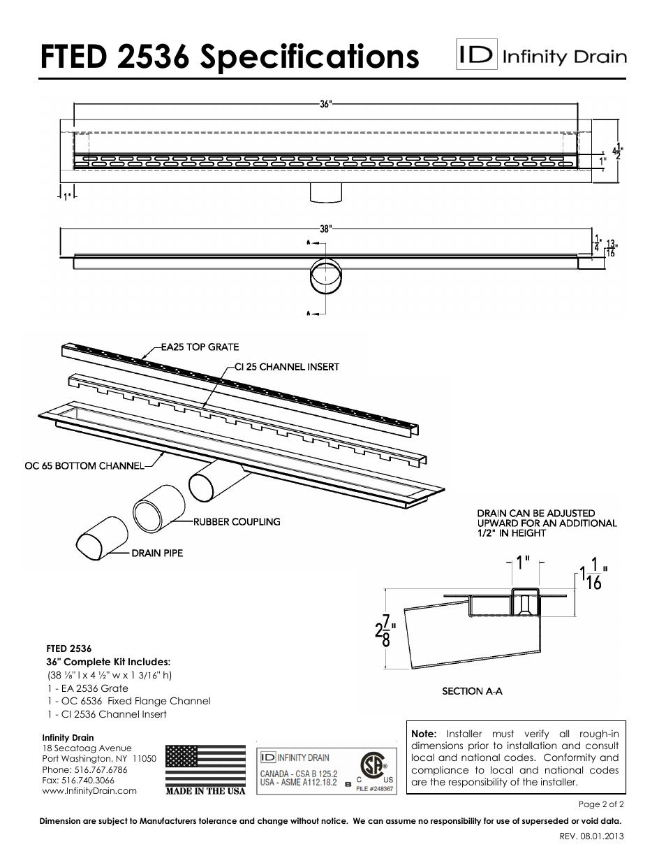 Fted 2536 specifications | Infinity Drain FTED 2536 Series Submittal Sheet User Manual | Page 2 / 2