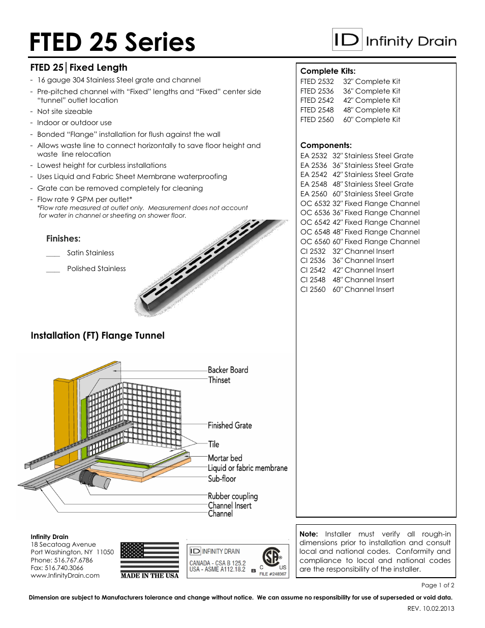 Infinity Drain FTED 2542 Series Submittal Sheet User Manual | 2 pages