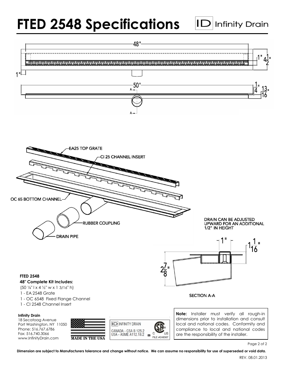 Fted 2548 specifications | Infinity Drain FTED 2548 Series Submittal Sheet User Manual | Page 2 / 2