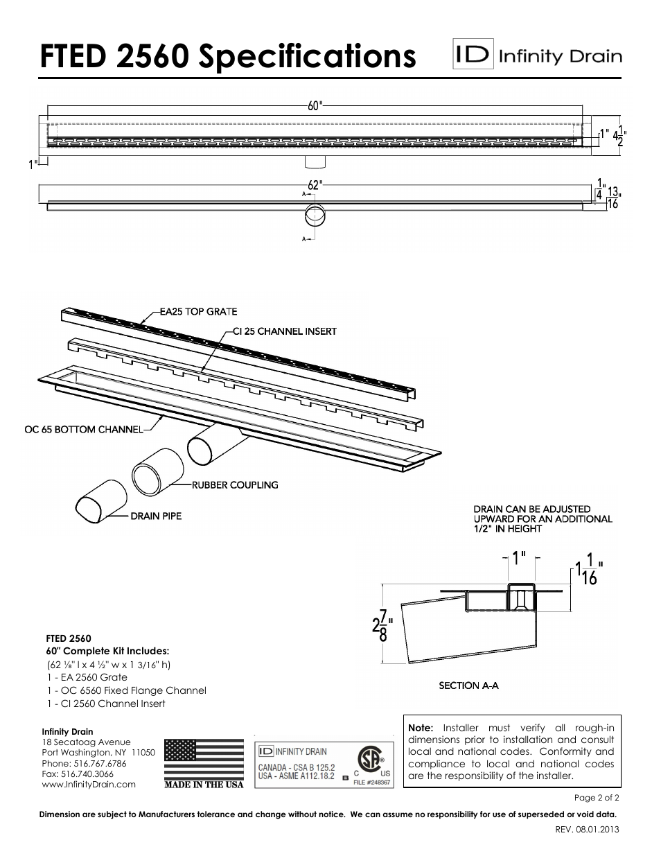 Fted 2560 specifications | Infinity Drain FTED 2560 Series Submittal Sheet User Manual | Page 2 / 2