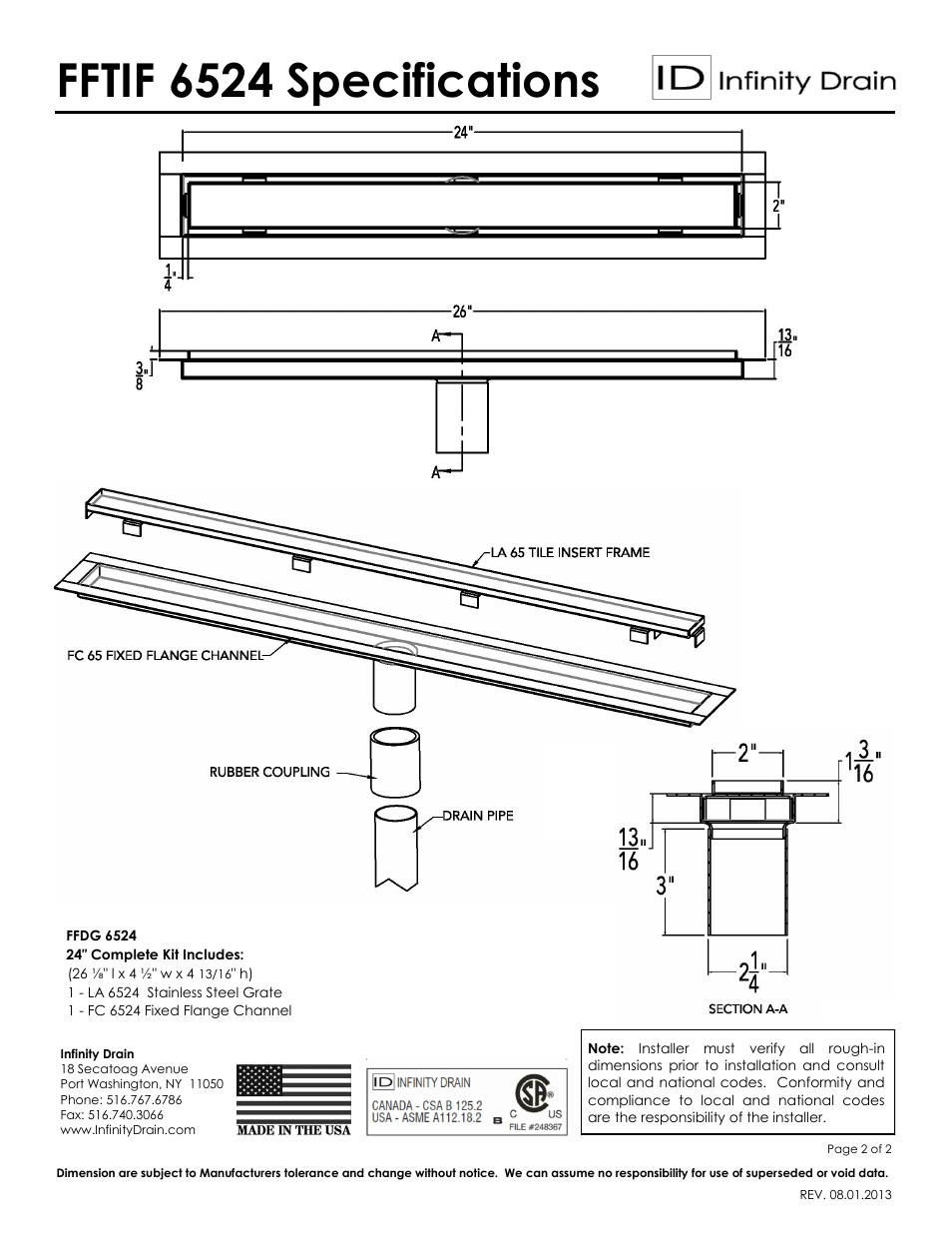 Fftif 6524 specifications | Infinity Drain FFTIF 6524 Series Submittal Sheet User Manual | Page 2 / 2