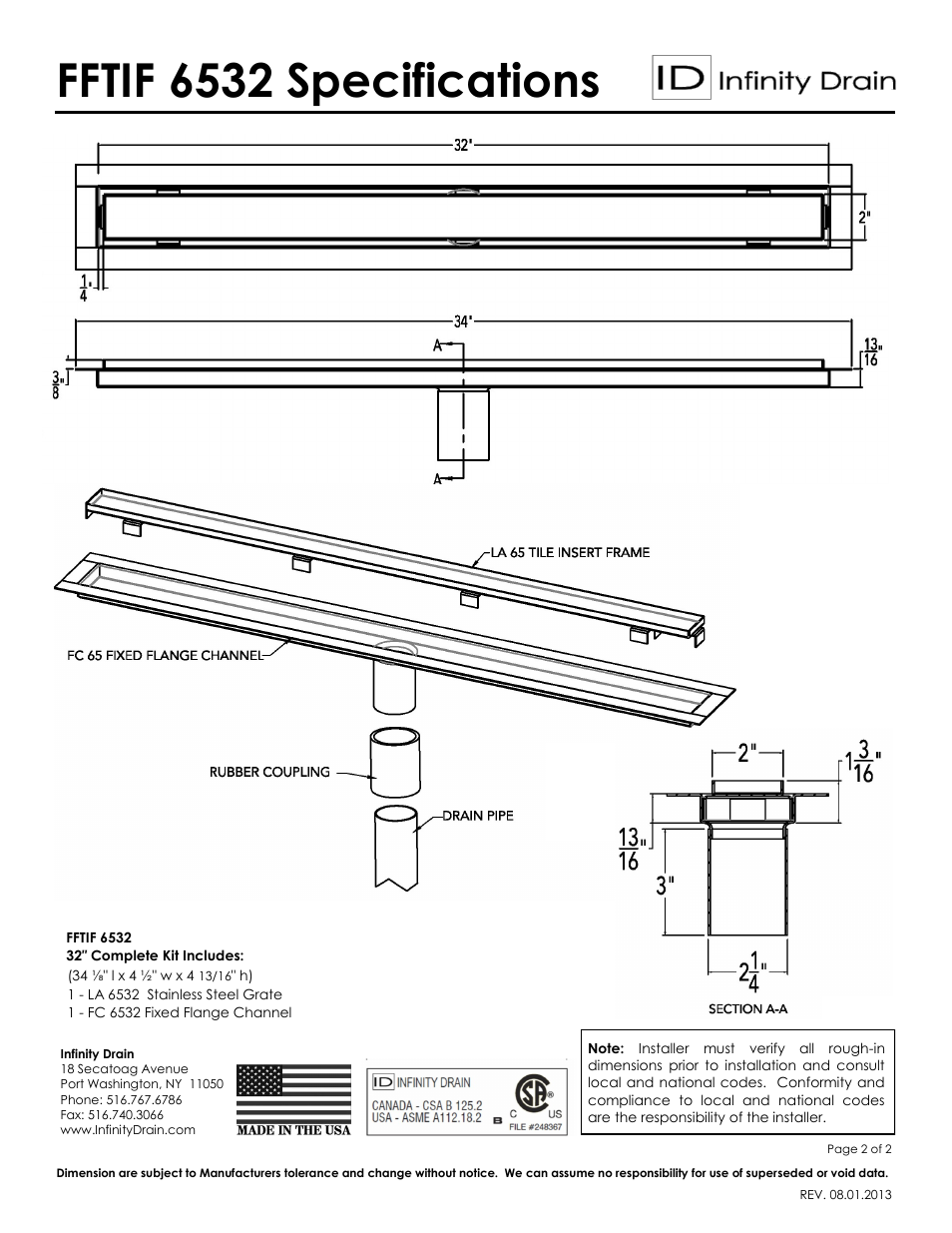 Fftif 6532 specifications | Infinity Drain FFTIF 6532 Series Submittal Sheet User Manual | Page 2 / 2
