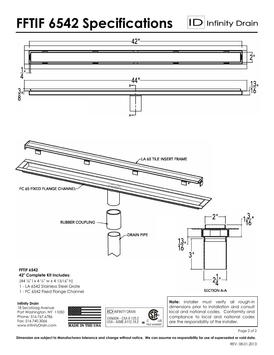 Fftif 6542 specifications | Infinity Drain FFTIF 6542 Series Submittal Sheet User Manual | Page 2 / 2