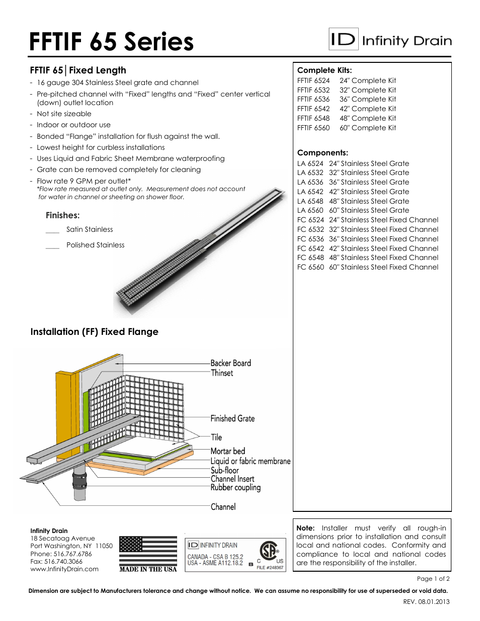 Infinity Drain FFTIF 6548 Series Submittal Sheet User Manual | 2 pages