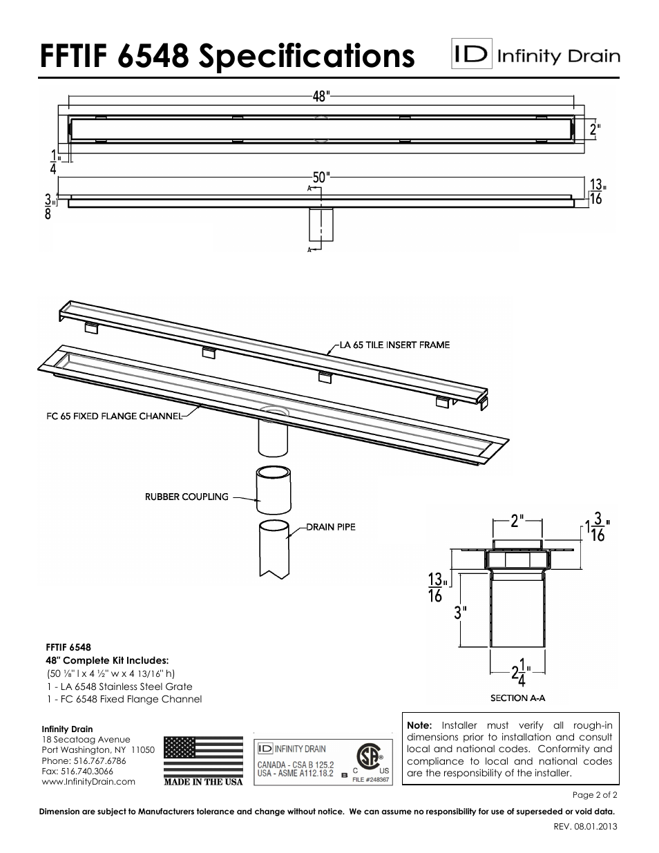 Fftif 6548 specifications | Infinity Drain FFTIF 6548 Series Submittal Sheet User Manual | Page 2 / 2