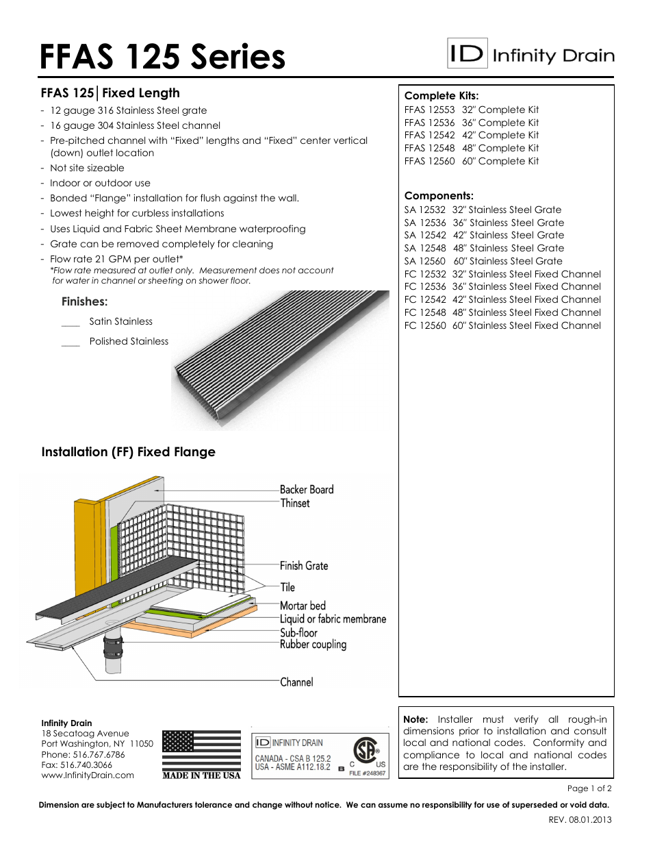 Infinity Drain FFAS 12532 Series Submittal Sheet User Manual | 2 pages