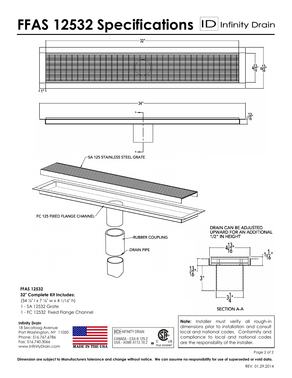 Infinity Drain FFAS 12532 Series Submittal Sheet User Manual | Page 2 / 2