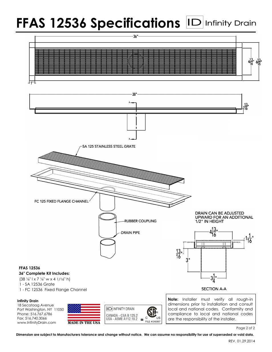 Infinity Drain FFAS 12536 Series Submittal Sheet User Manual | Page 2 / 2