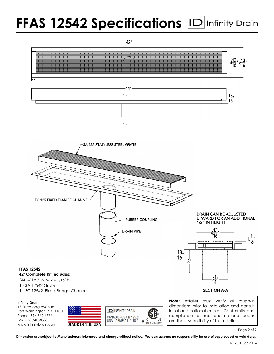 Infinity Drain FFAS 12542 Series Submittal Sheet User Manual | Page 2 / 2