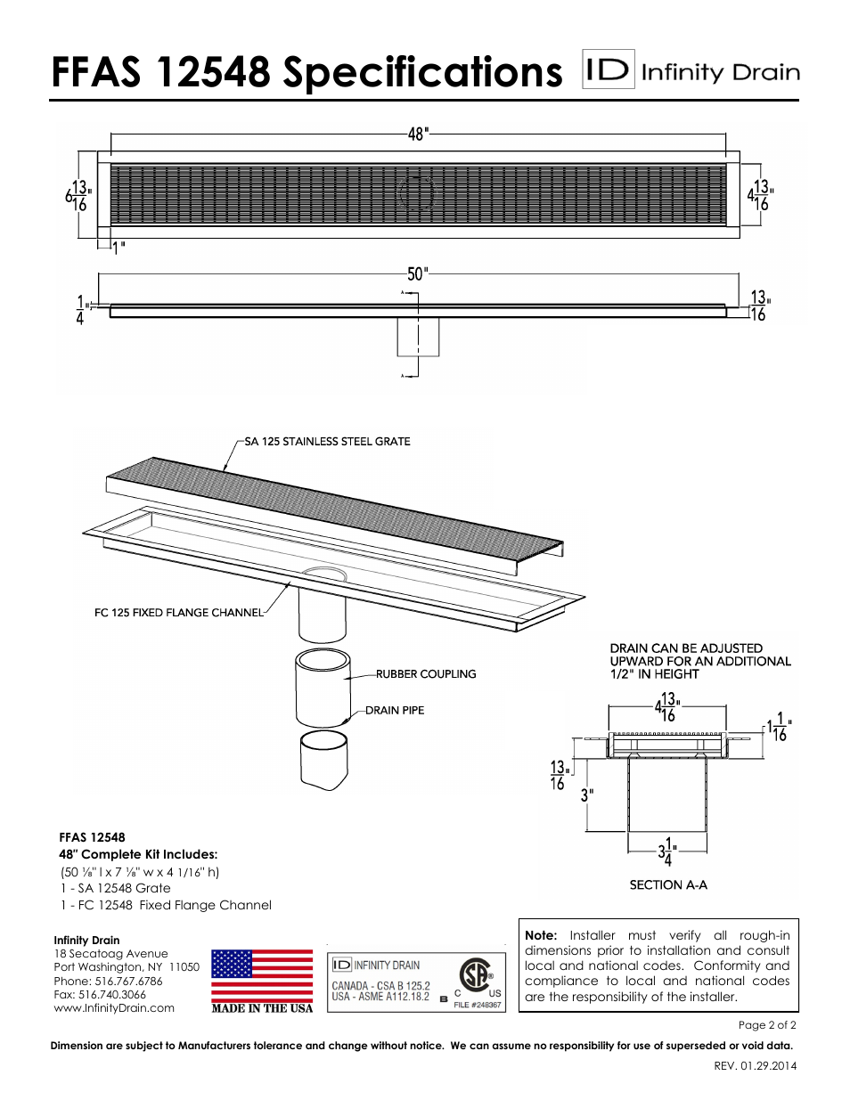 Infinity Drain FFAS 12548 Series Submittal Sheet User Manual | Page 2 / 2
