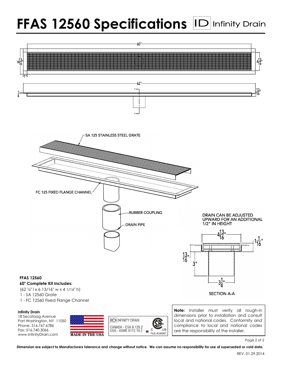 Infinity Drain FFAS 12560 Series Submittal Sheet User Manual | Page 2 / 2