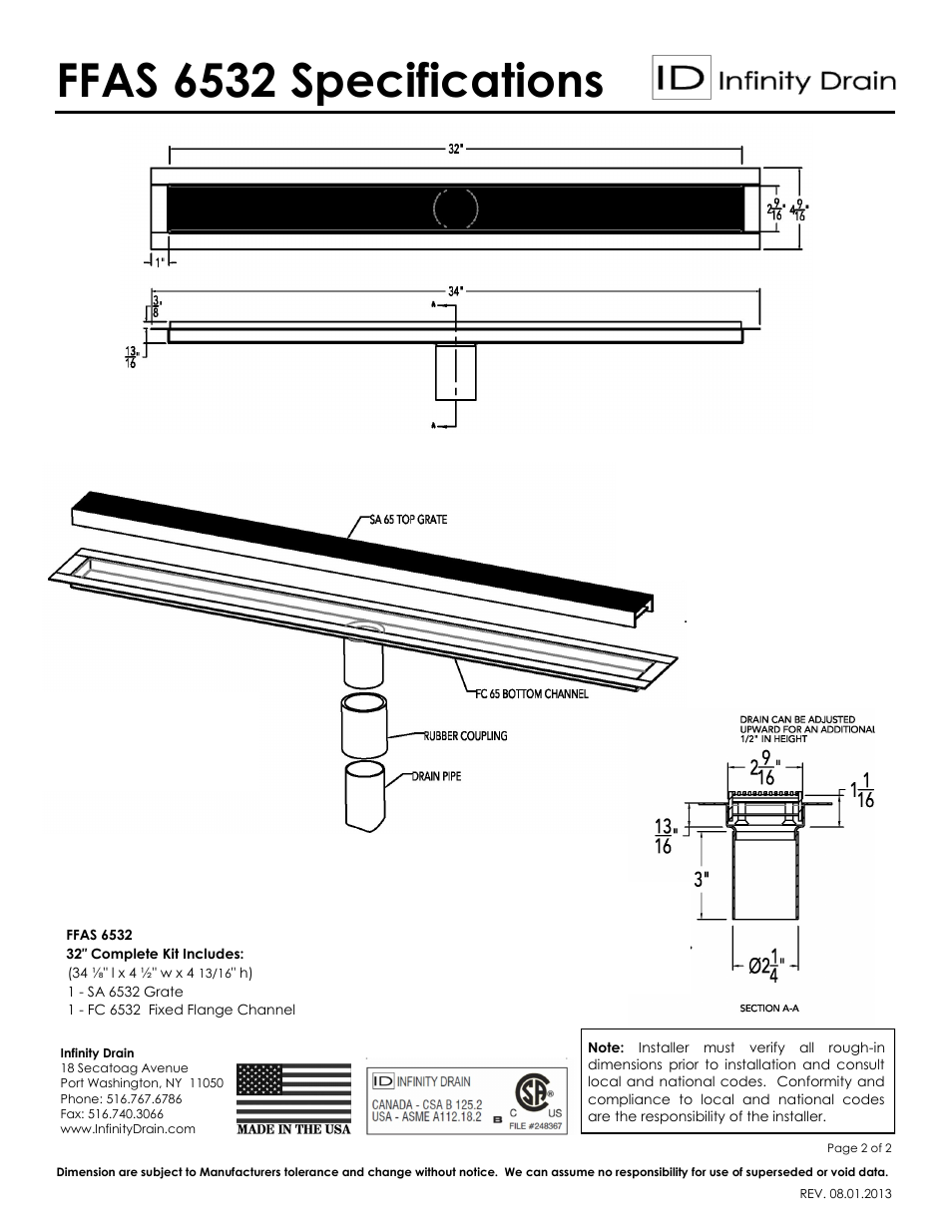 Ffas 6532 specifications | Infinity Drain FFAS 6532 Series Submittal Sheet User Manual | Page 2 / 2