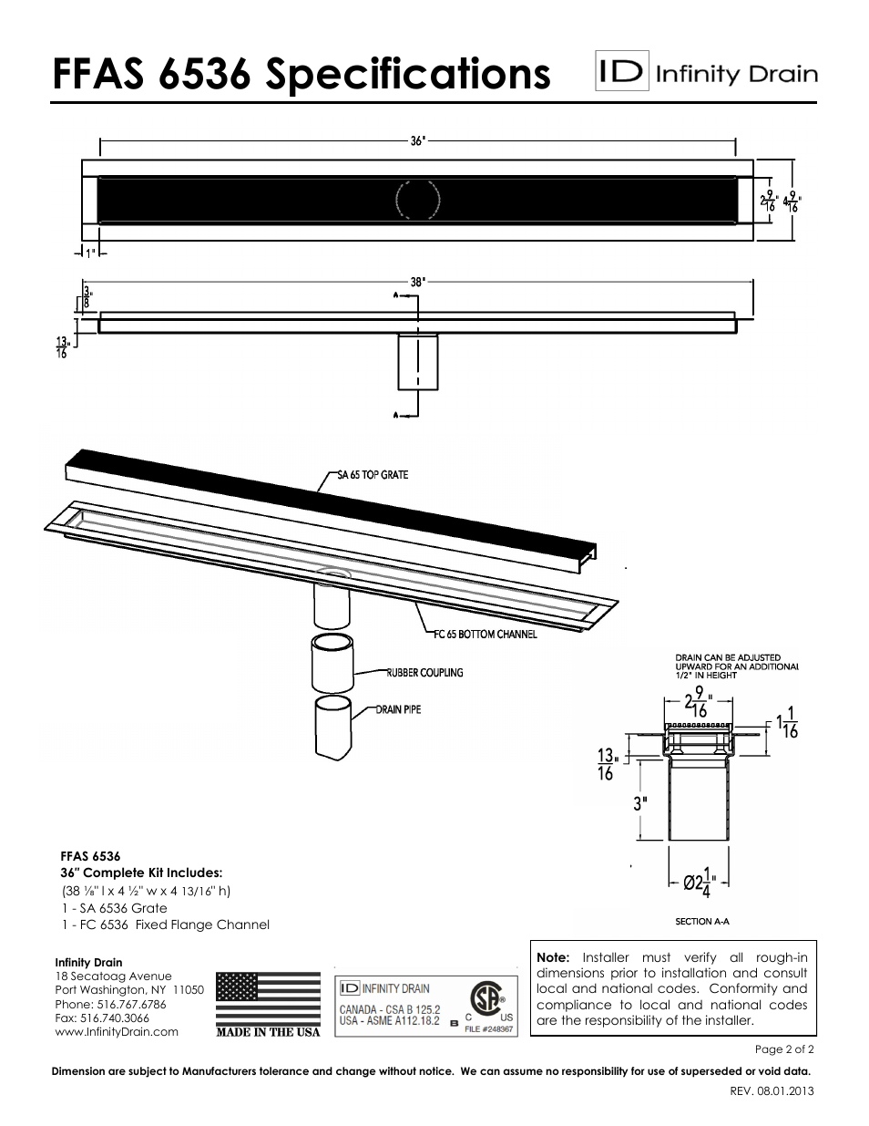 Ffas 6536 specifications | Infinity Drain FFAS 6536 Series Submittal Sheet User Manual | Page 2 / 2