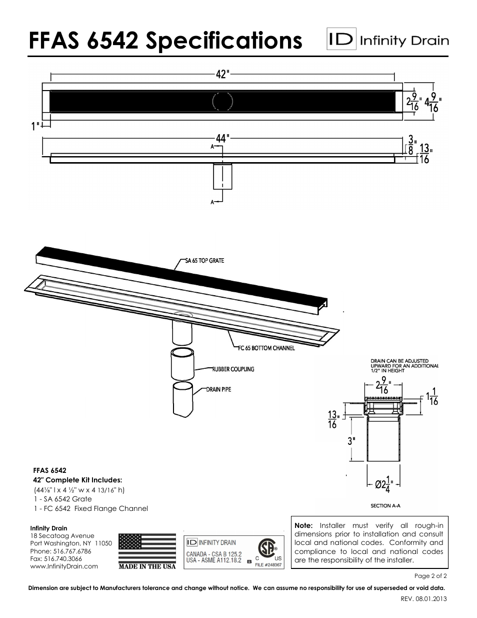 Ffas 6542 specifications | Infinity Drain FFAS 6542 Series Submittal Sheet User Manual | Page 2 / 2