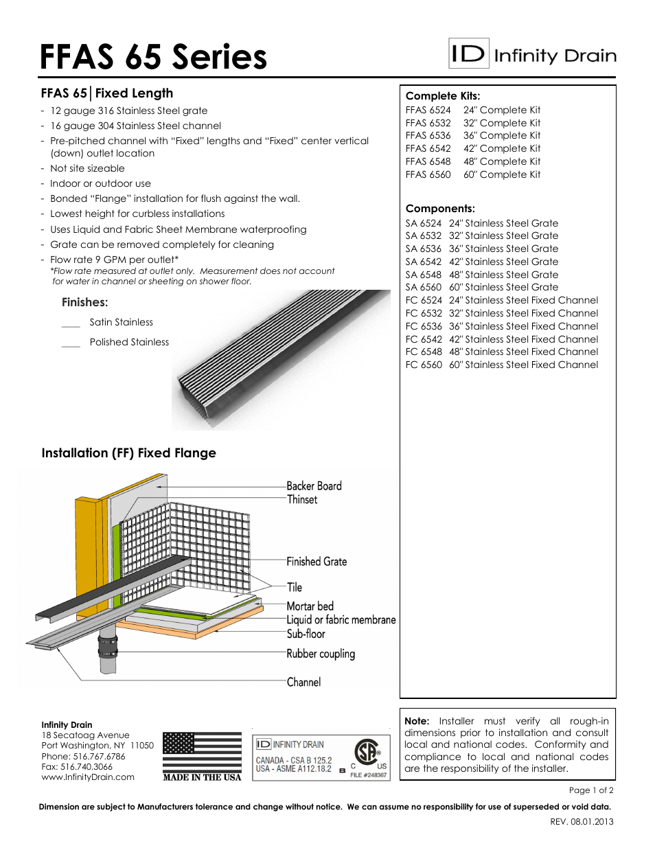 Infinity Drain FFAS 6560 Series Submittal Sheet User Manual | 2 pages