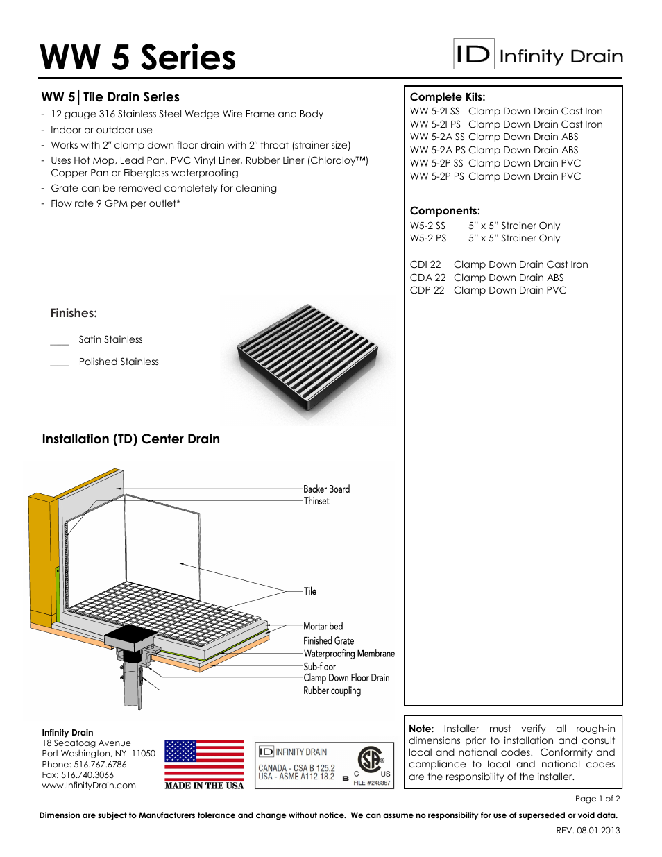 Infinity Drain WW 5-2 Series Submittal Sheet User Manual | 2 pages