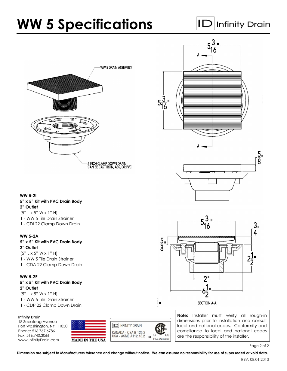 Ww 5 specifications | Infinity Drain WW 5-2 Series Submittal Sheet User Manual | Page 2 / 2