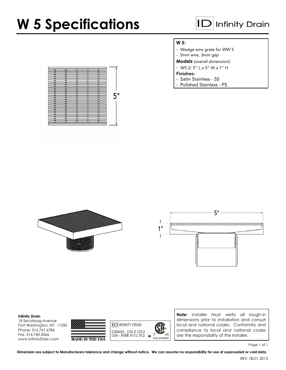 Infinity Drain W 5 Series Submittal Sheet User Manual | 1 page