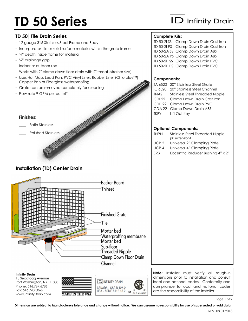 Infinity Drain TD 50 Series Submittal Sheet User Manual | 2 pages