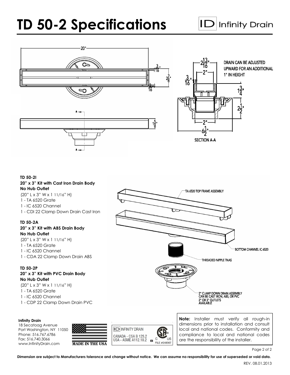 Td 50-2 specifications | Infinity Drain TD 50 Series Submittal Sheet User Manual | Page 2 / 2