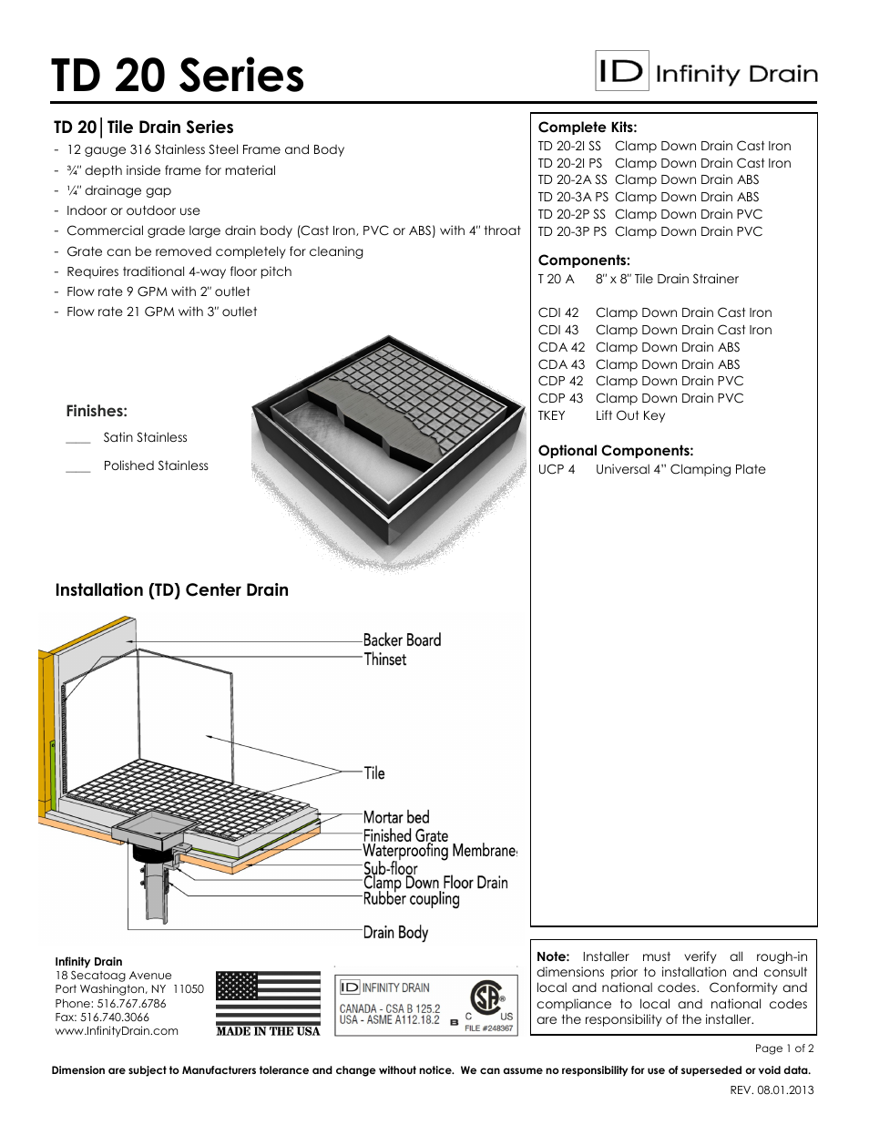 Infinity Drain TD 20-2 Series Submittal Sheet User Manual | 2 pages
