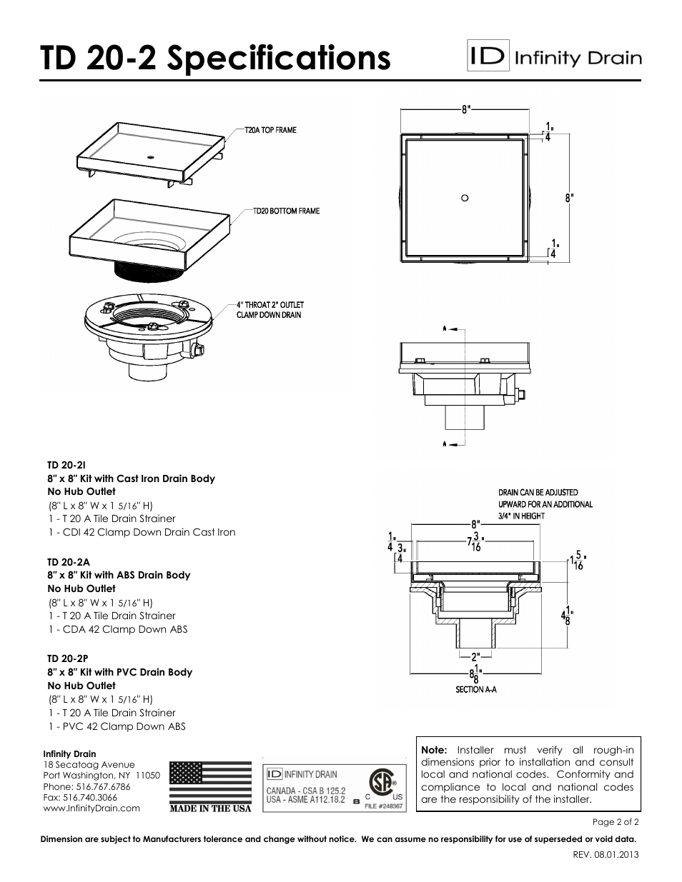 Td 20-2 specifications | Infinity Drain TD 20-2 Series Submittal Sheet User Manual | Page 2 / 2