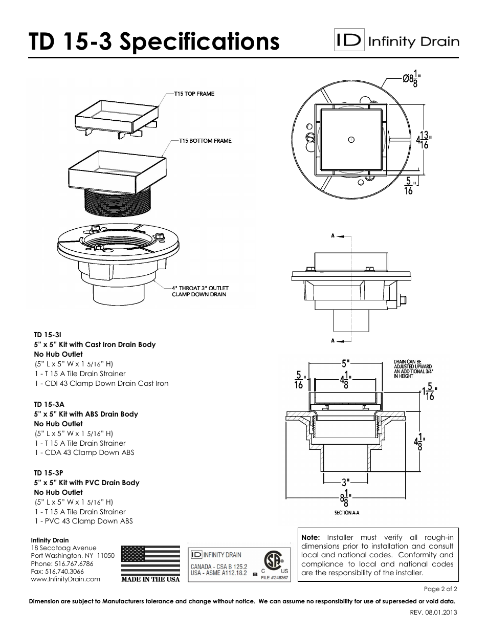 Td 15-3 specifications | Infinity Drain TD 15-3 Series Submittal Sheet User Manual | Page 2 / 2