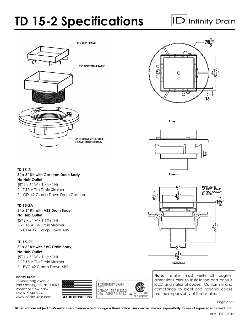 Td 15-2 specifications | Infinity Drain TD 15-2 Series Submittal Sheet User Manual | Page 2 / 2