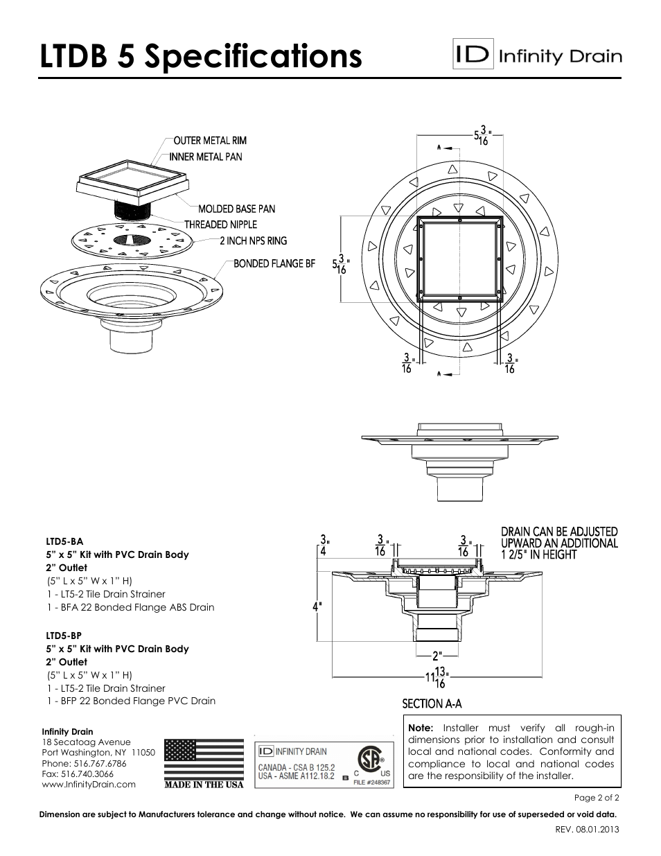 Ltdb 5 specifications | Infinity Drain LTDB 5 Series Submittal Sheet User Manual | Page 2 / 2
