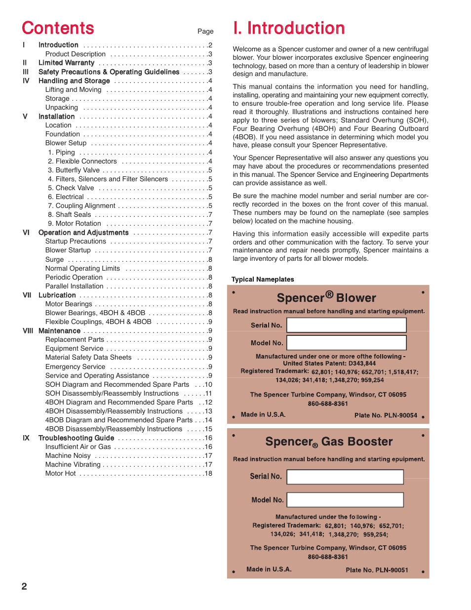 Ccoonntteennttss, Ii.. iinnttrroodduuccttiioonn | Spencer 4BOB Multistage Centrifugal Blowers User Manual | Page 2 / 20