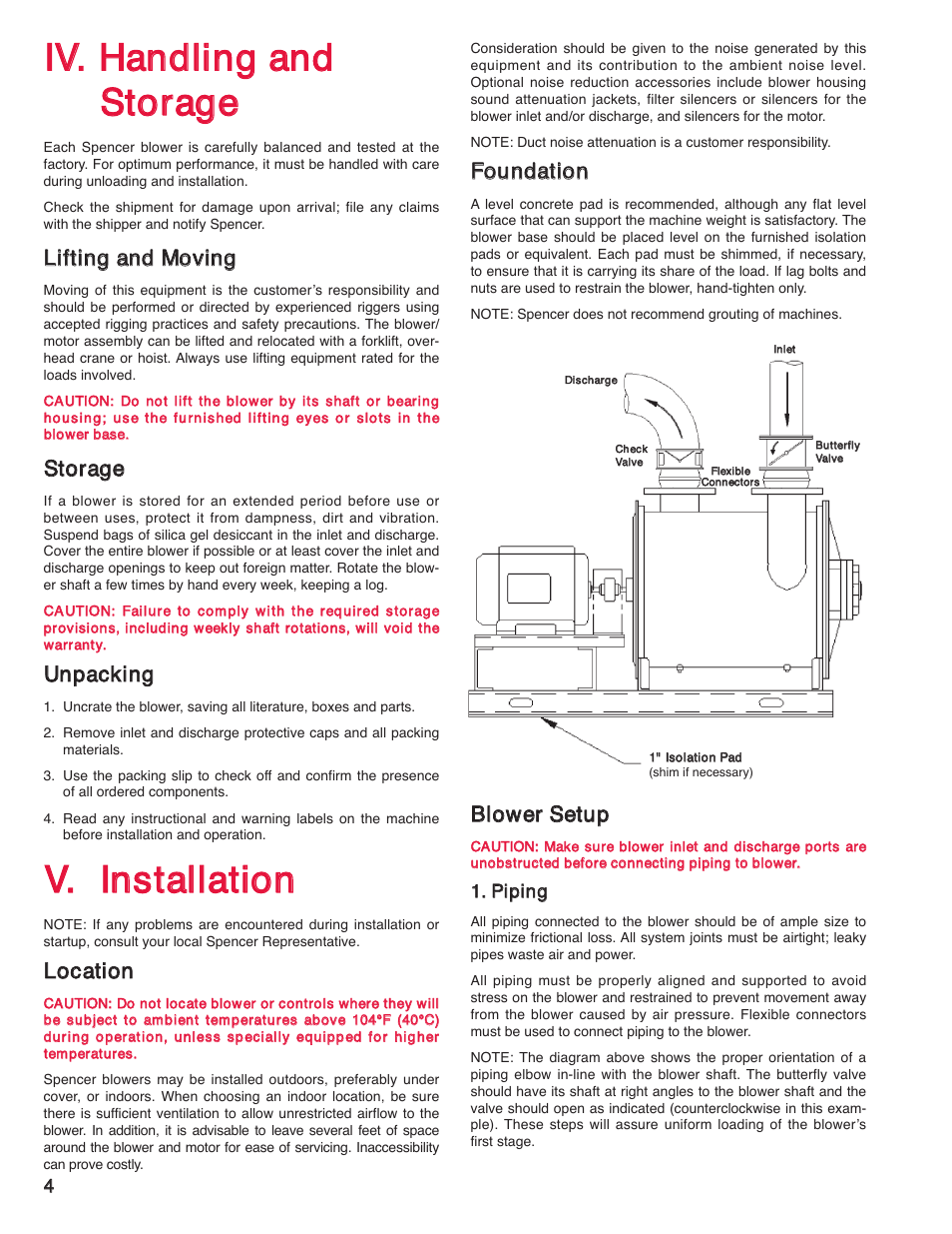 Iivv.. hhaannddlliinngg aanndd ssttoorraaggee, Lliiffttiinngg aanndd m moovviinngg, Ssttoorraaggee | Uunnppaacckkiinngg, Llooccaattiioonn, Ffoouunnddaattiioonn, Bblloowweerr sseettuupp | Spencer 4BOB Multistage Centrifugal Blowers User Manual | Page 4 / 20