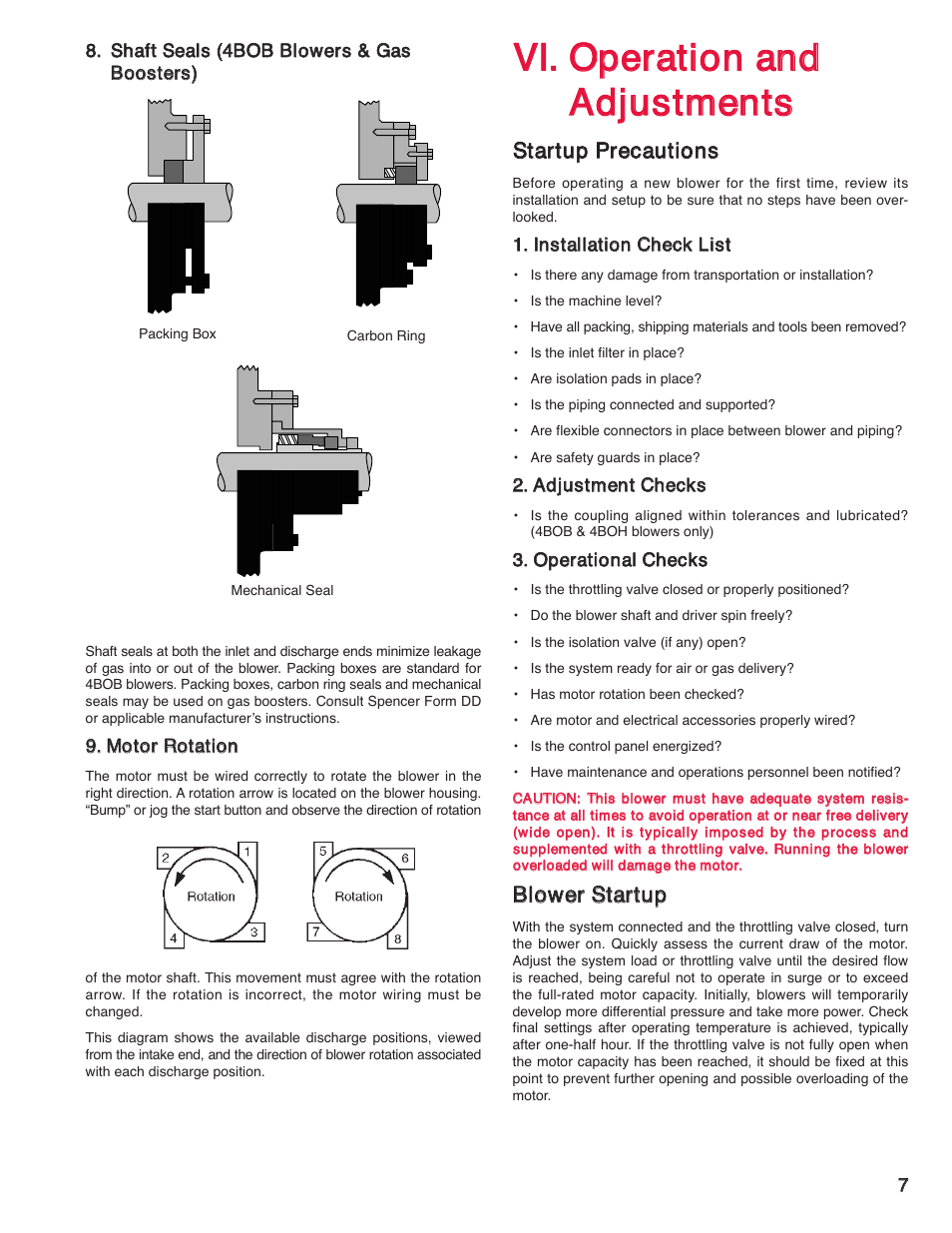 Ssttaarrttuupp pprreeccaauuttiioonnss, Bblloowweerr ssttaarrttuupp | Spencer 4BOB Multistage Centrifugal Blowers User Manual | Page 7 / 20