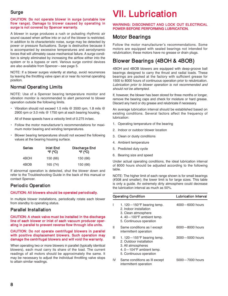 Mmoottoorr bbeeaarriinnggss | Spencer 4BOB Multistage Centrifugal Blowers User Manual | Page 8 / 20