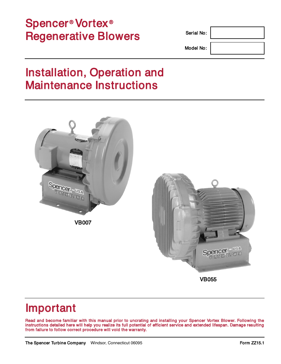 Spencer VB055 Vortex Regenerative Blowers User Manual | 20 pages