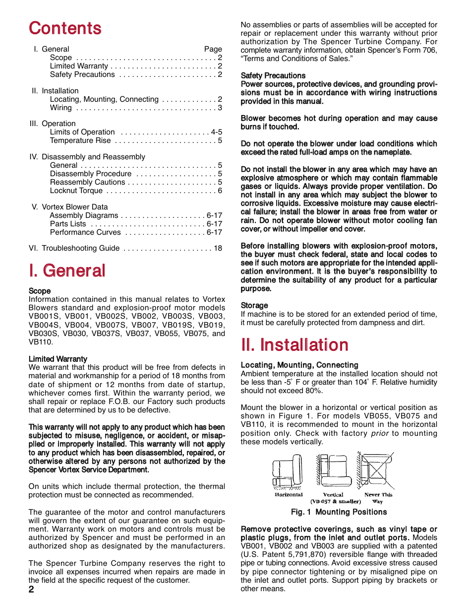 Ccoonntteennttss, Ii.. g geenneerraall | Spencer VB055 Vortex Regenerative Blowers User Manual | Page 2 / 20