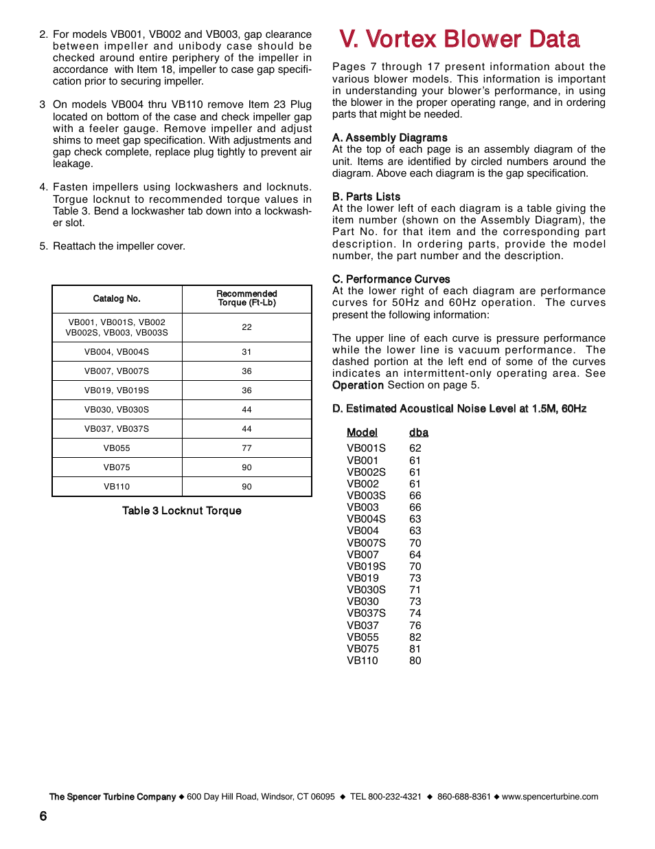 Vv.. vvoorrtteexx bblloowweerr ddaattaa | Spencer VB055 Vortex Regenerative Blowers User Manual | Page 6 / 20