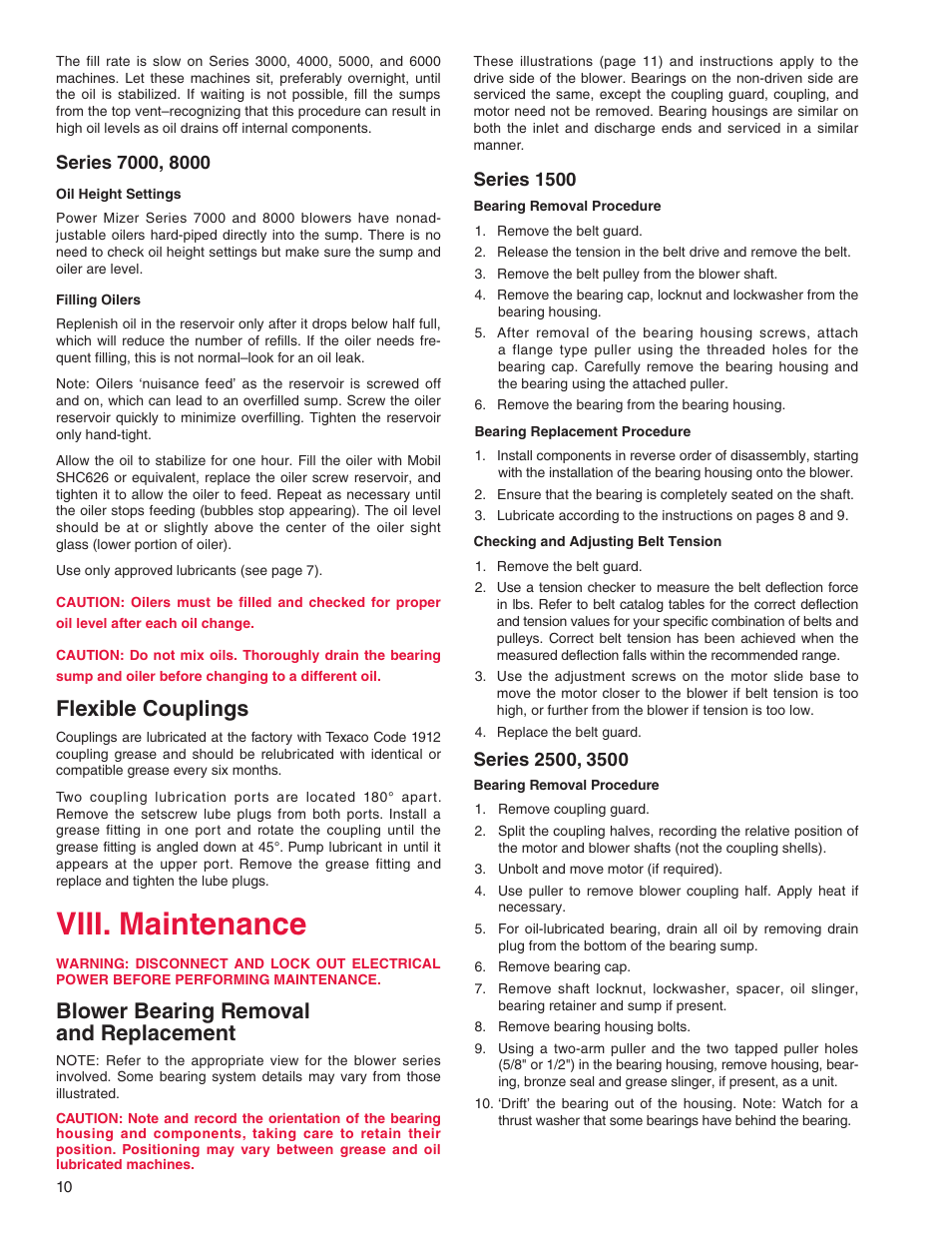 Viii. maintenance, Flexible couplings, Blower bearing removal and replacement | Spencer Power Mizer Multistage Centrifugal Cast Blowers User Manual | Page 10 / 16