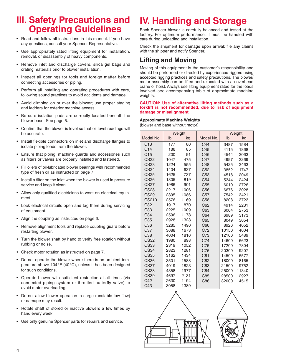 Iii. safety precautions and operating guidelines, Iv. handling and storage, Lifting and moving | Spencer Power Mizer Multistage Centrifugal Cast Blowers User Manual | Page 4 / 16