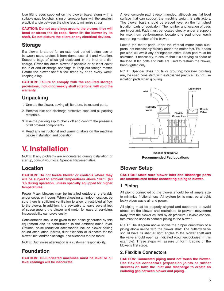 V. installation, Storage, Unpacking | Location, Foundation, Blower setup | Spencer Power Mizer Multistage Centrifugal Cast Blowers User Manual | Page 5 / 16