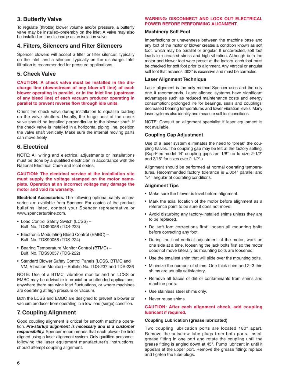 Butterfly valve, Filters, silencers and filter silencers, Check valve | Electrical, Coupling alignment | Spencer Power Mizer Multistage Centrifugal Cast Blowers User Manual | Page 6 / 16