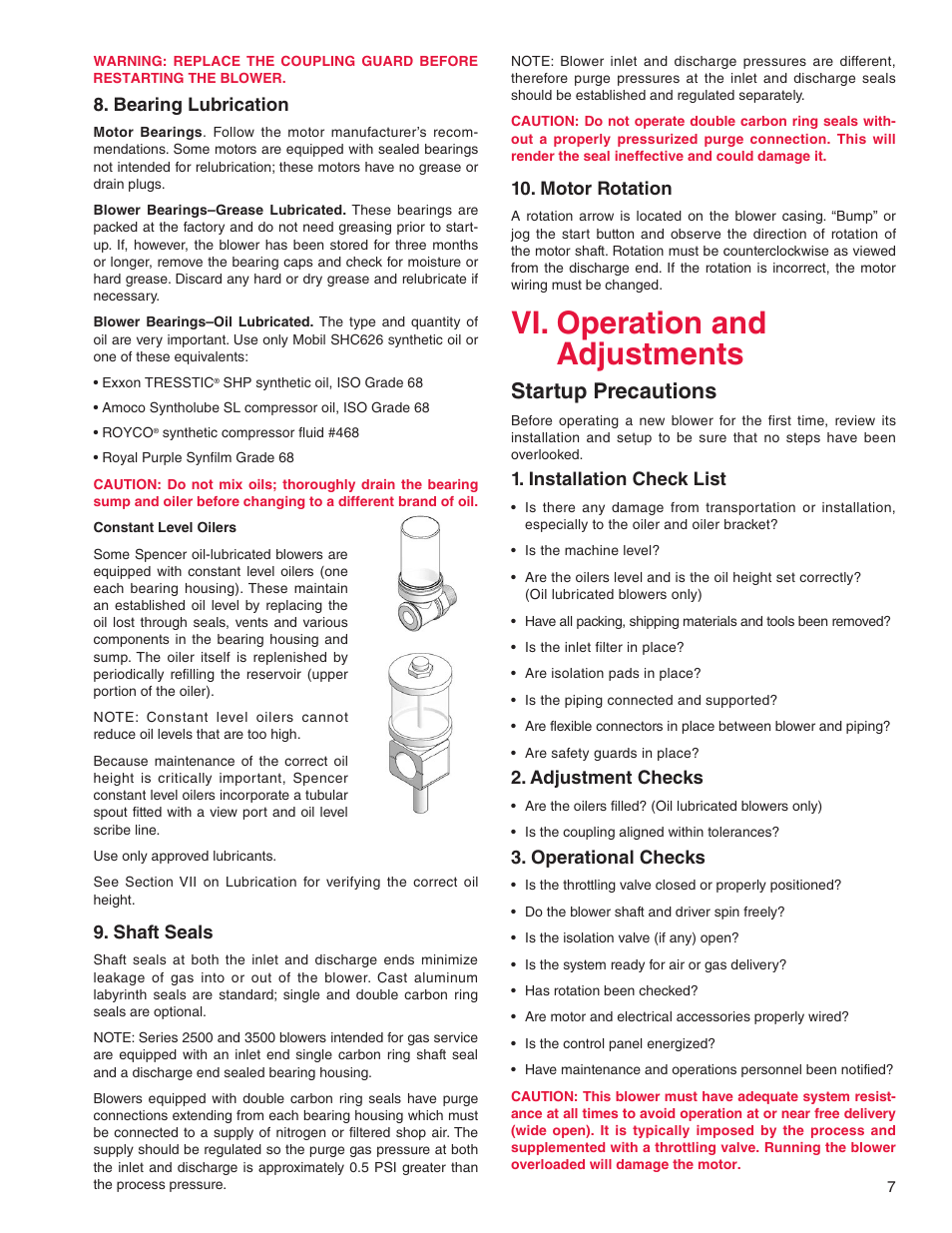 Vi. operation and adjustments, Startup precautions | Spencer Power Mizer Multistage Centrifugal Cast Blowers User Manual | Page 7 / 16