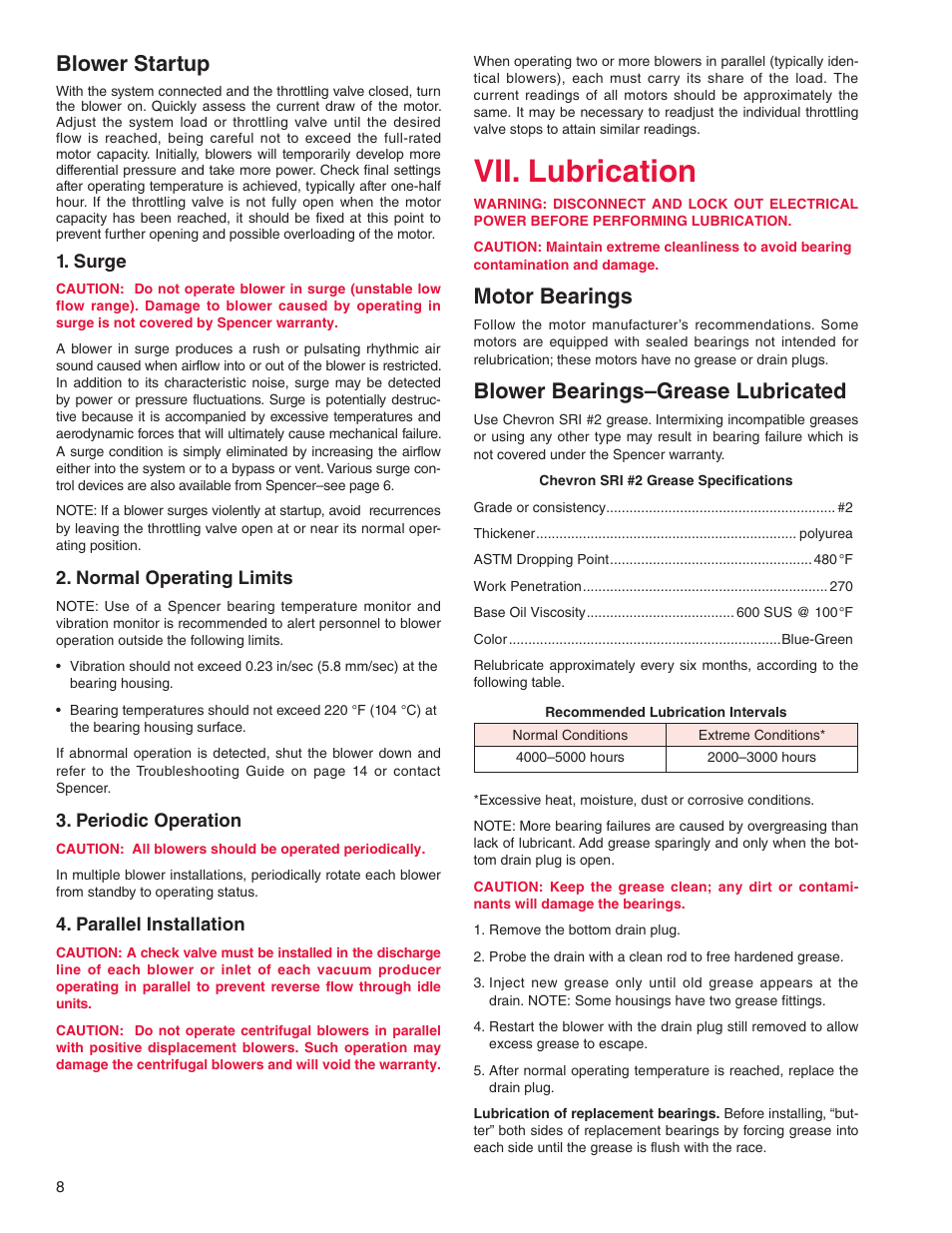 Vii. lubrication, Blower startup, Motor bearings | Blower bearings–grease lubricated | Spencer Power Mizer Multistage Centrifugal Cast Blowers User Manual | Page 8 / 16