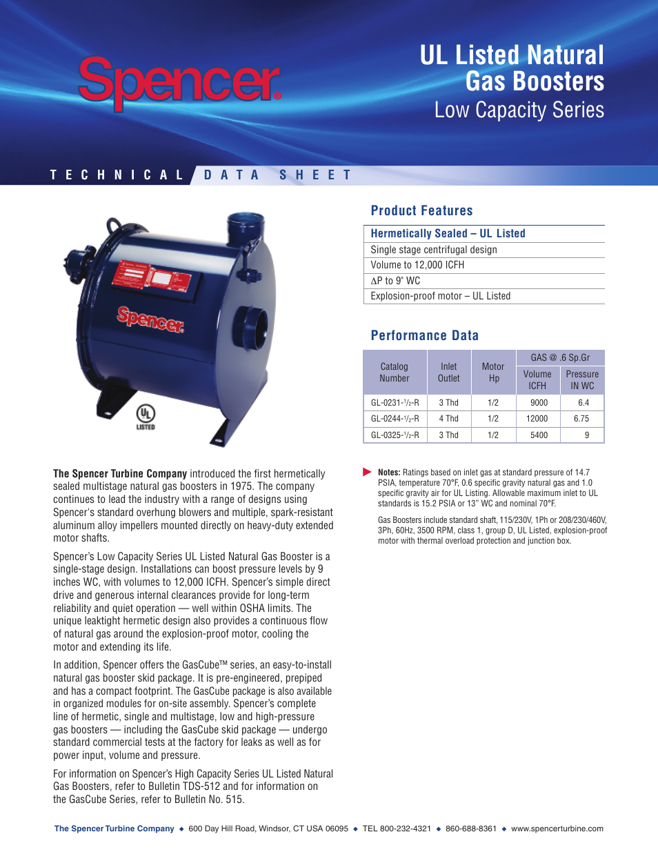 Spencer UL Listed Natural Gas Boosters LowCapacity Series User Manual | 2 pages